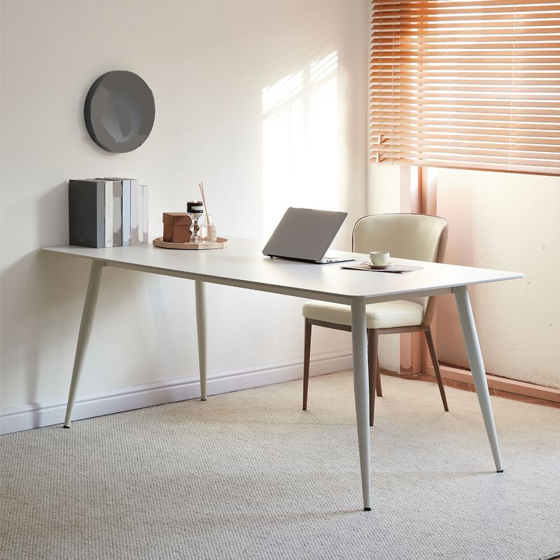 White Modern Stone Writing Desk Parsons Rectangular Office Desk for Home