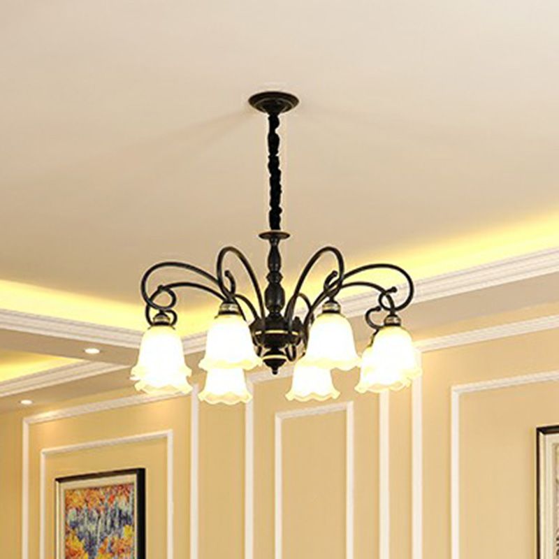 Rustikale Glockenschatten -Suspension hell weißes Glas Kronleuchter Licht mit Rüschenverkleidung für Esszimmer