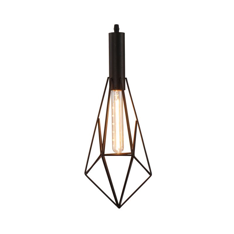 Iron Diamond Shaped Pendant Light Antique 1-Light Dining Room Hanging Light Fixture in Black