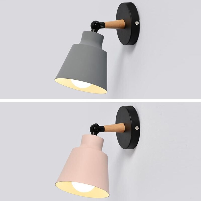 Nordic Macaroon Style Sconce Lights Conical Metal Shade Single Bulb Wooden Wall Mount Lamp for Bedroom