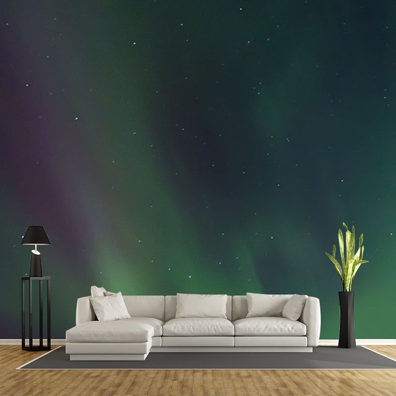 Aurora on Starry Sky Mural in Purple-Green Modernism Wall Covering for Living Room
