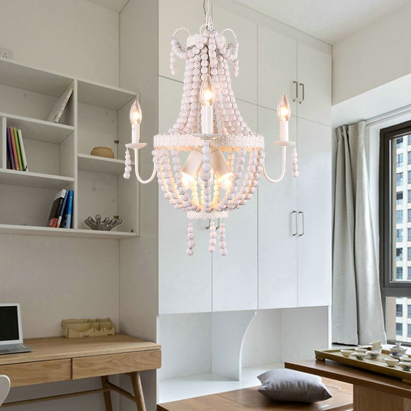 White 6/9-Head Chandelier Light Transitional Wooden Beaded Basket Hanging Ceiling Pendant