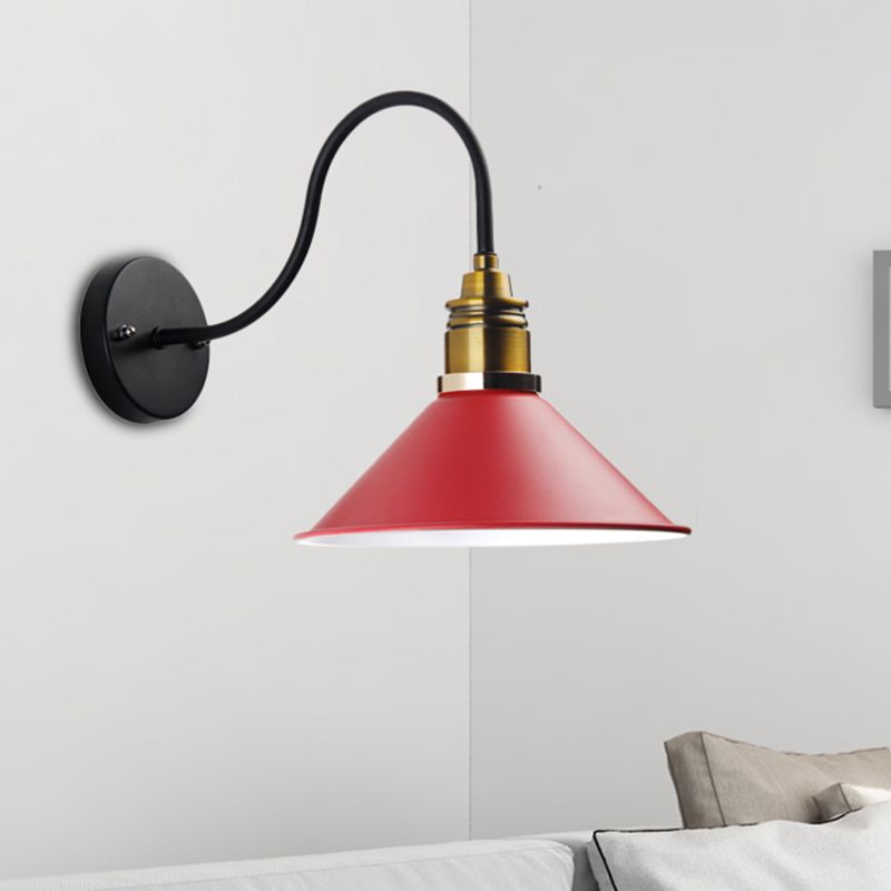 1 Light Pendant Lighting Industrial Metal Cone Bronze/Black/White Hanging Lamp for Indoor with Curved Arm