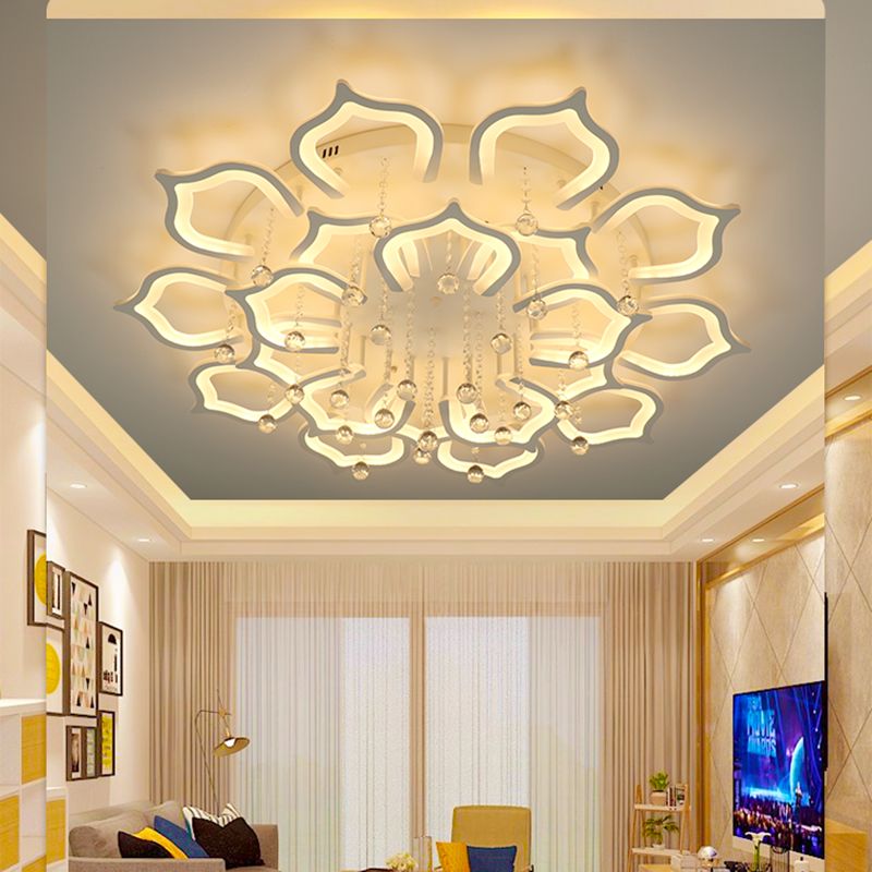 White Lotus Flush Ceiling Light Modernity LED Acrylic Semi Flush Mount with Crystal Decor