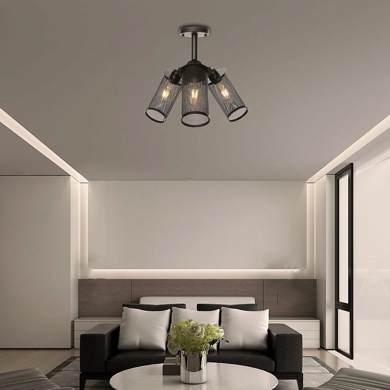 Stile industriale cilindro/lanterna Lampada del soffitto Metal 3 teste di semi -montaggio interno con schermo a rete in nero