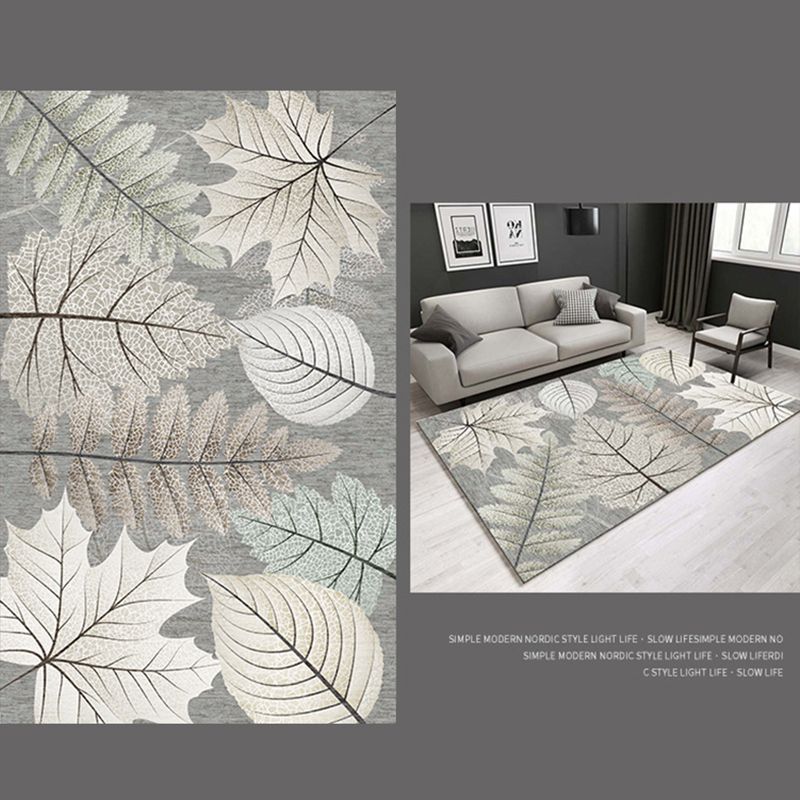 Grey Tone Vintage Area Rug Polyester Leaves Print Rug Non-Slip Backing Indoor Rug for Living Room