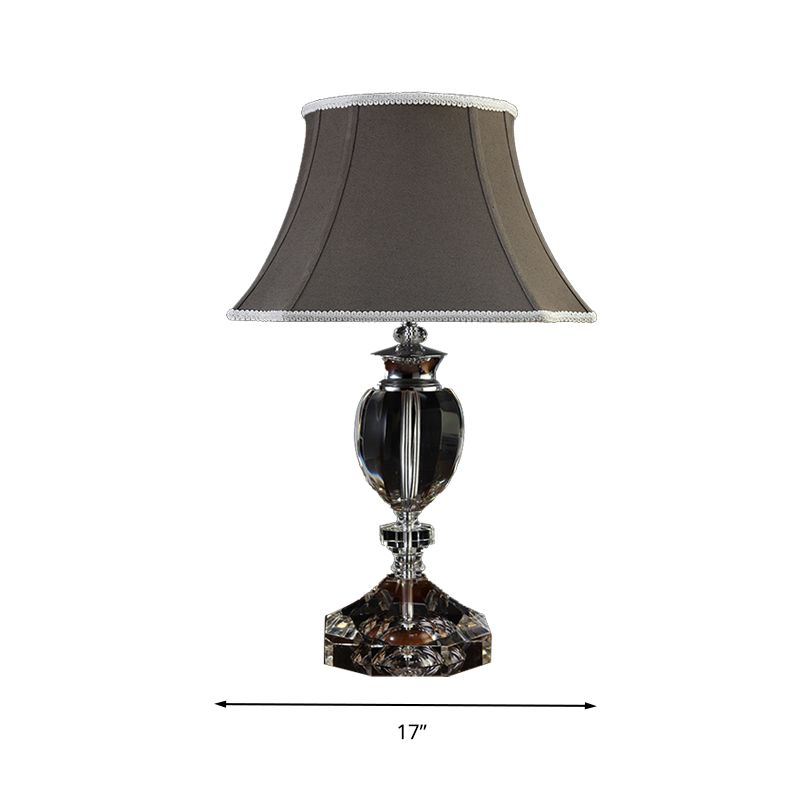 Lampada da tavolo a campana grigia in tessuto per camera da letto a testa singola luce notturna con base di cristallo