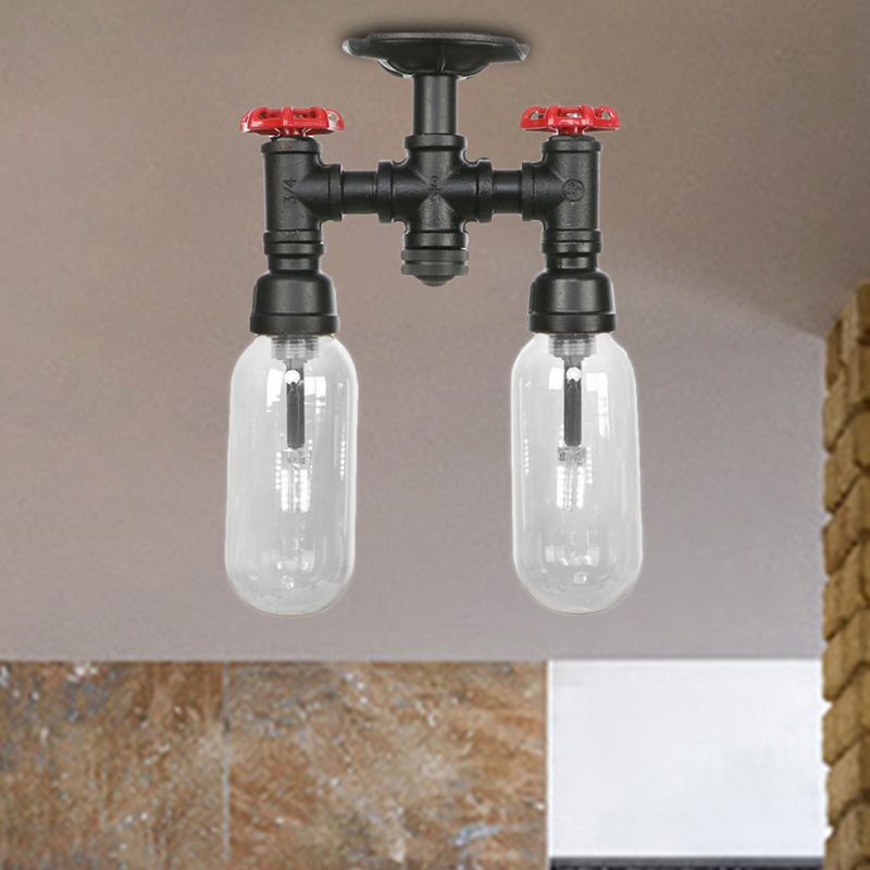 Lampada da soffitto per interni con paralume a capsula nero opaco vintage a 2 luci in vetro trasparente con montaggio a semicerchio e design a tubo
