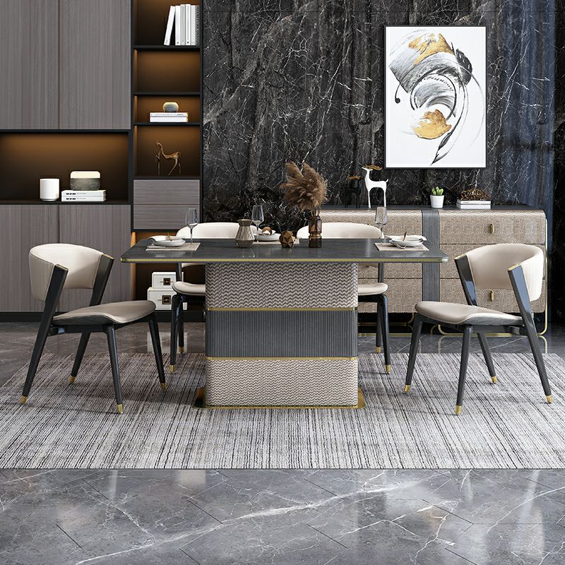 Rectangular Dining Table Modern Wood Tabletop with Metal Pedestal Base