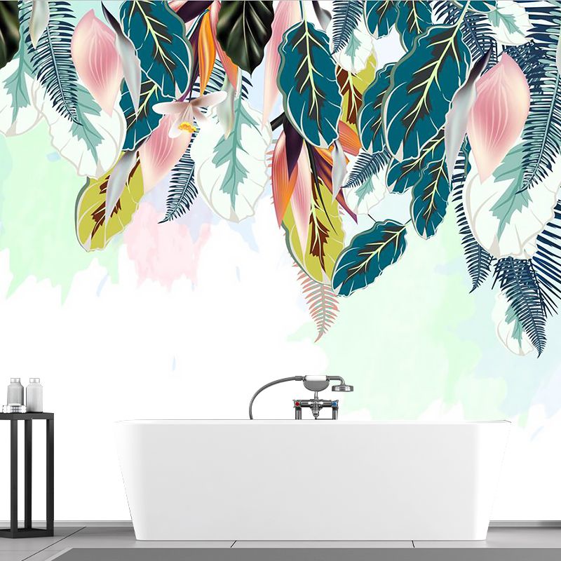 Plant Leaf Petals Mural Tropical Smooth Surface Wall Covering in Pink-Green, Non-Woven