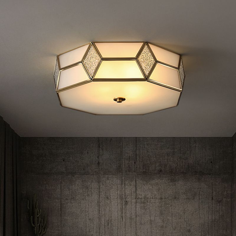 Luminaire encastré de chambre à coucher octogonal, plafonnier minimaliste en verre blanc texturé en laiton