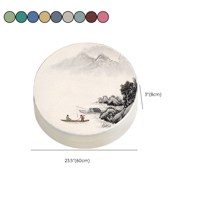 Modern Pouf Ottoman Cotton Upholstered Landscape Painting Round Ottoman