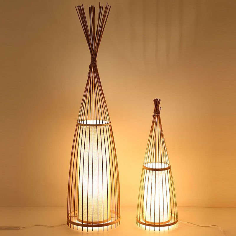Zuidoost -Azië Conical Stand Up Lamp Bamboo enkele woonkamer vloerverlichting met cilinderdiffuser