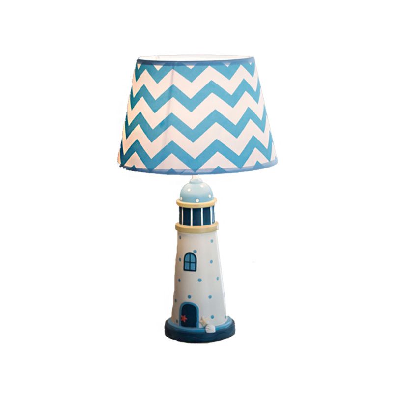 Lighting da tavolo da cono largo 14 "/18" Tessuto in stile cartone animato 1 lampada in piedi a blu chiaro/bianco con base a torre in resina