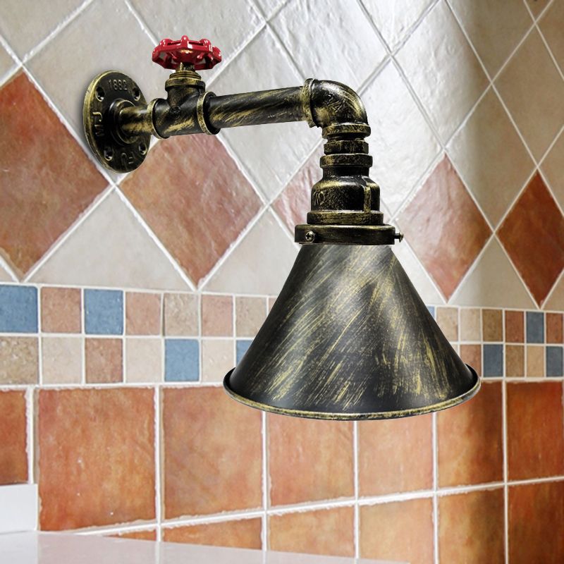 Iron Bronze Sconce Lighting Vintage Conical 1-Head Industrial Wall Lamp Fixture with Red Valve Deco