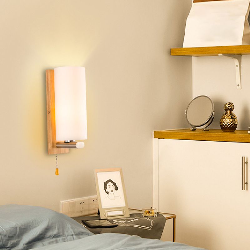 Cylindrical Bedside Wall Mounted Light White Glass Single Simplicity Wall Sconce Lighting with Pull Chain