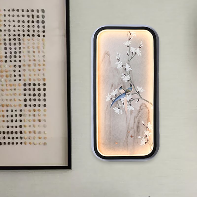 Bird and Flower Drawing Fabric Mural Lamp Chinese Black and White LED Wall Mounted Lighting