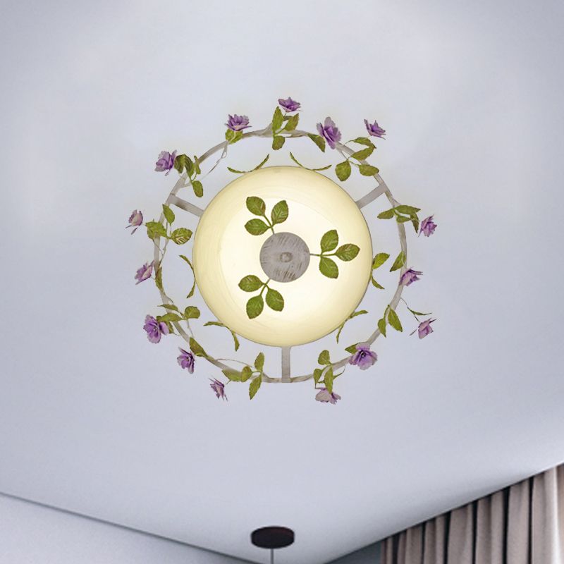 Pastoral Style Bowl Flush Light 2 Heads White Glass Flush Mount Ceiling Lamp with Bloom Decoration