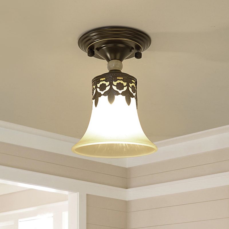 Beige Glass Flared Shade Semi Flush Mount Vintage 1 Bulb Corridor Ceiling Mounted Light in Black