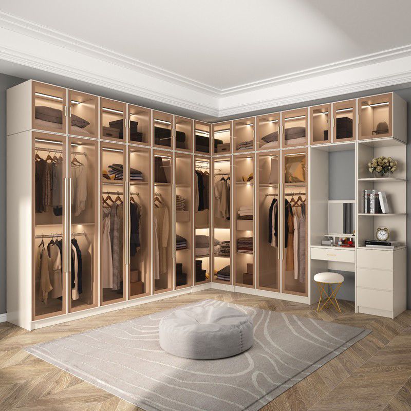 Glass and Wood Wardrobe Cabinet with Shelves Modern Wardrobe Closet