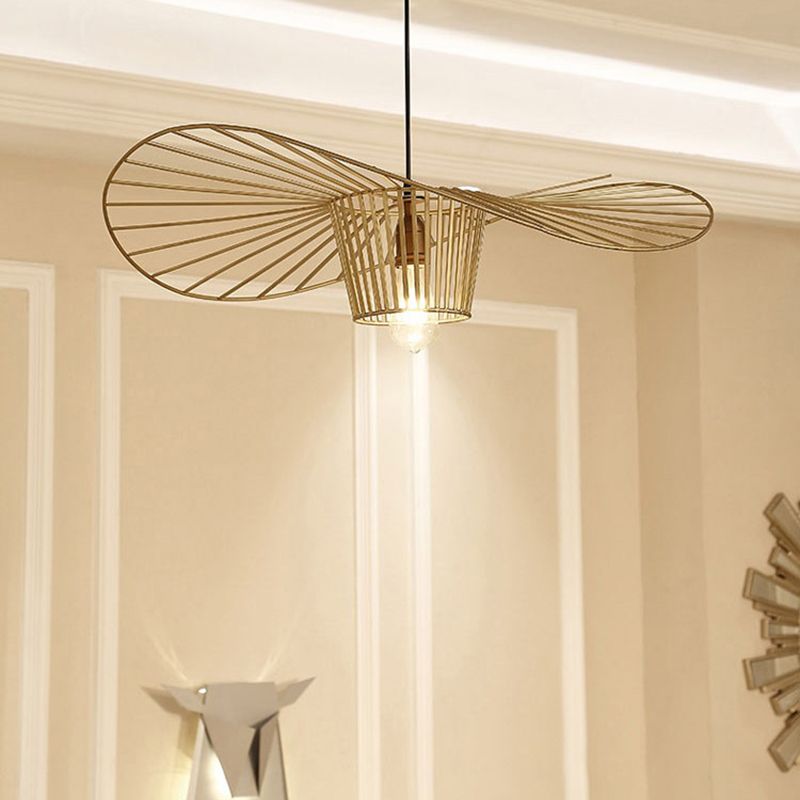 Contemporary Pendant Lights with Cage Shade, Industrail Metal 1-Light Straw Hat Pendant Light