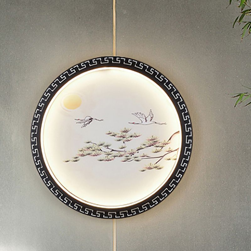 Azië led muurschildering lichte armatuur zwarte vogel en boomtak wandmontage verlichting met stofschaduw