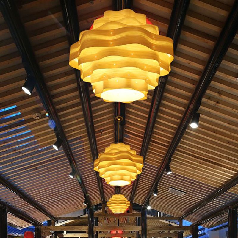 Modern Wavy Shade Pendant Lighting Wood Veneer 1 Bulb Restaurant Hanging Lamp Kit