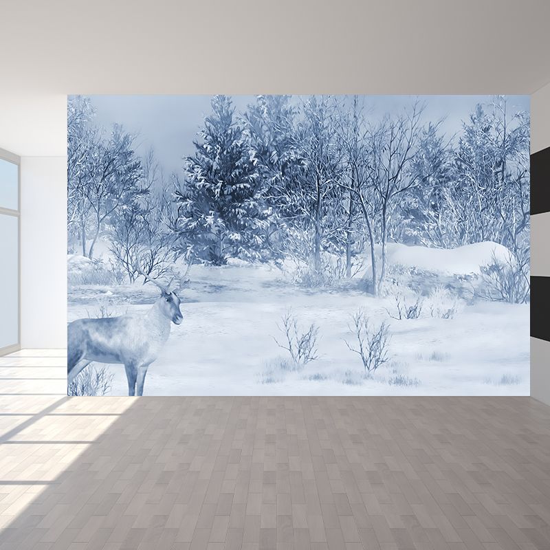 White Winter Reindeer Mural Wallpaper Forest Modern Washable Wall Covering for Kitchen