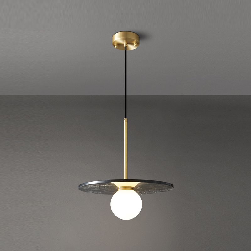 Natural Marble Small Pendant Light Modern 1-Head Suspension Lamp with White Glass Shade