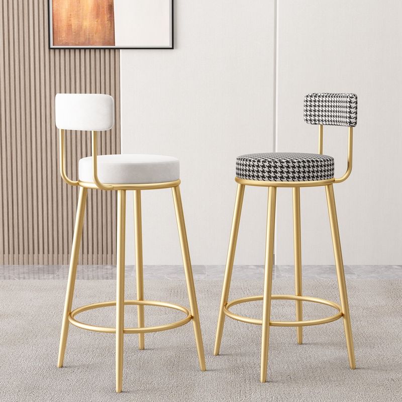 Glam Fabric Bar Stools Low Back Round Seat Barstool with 4 Gold Iron Legs