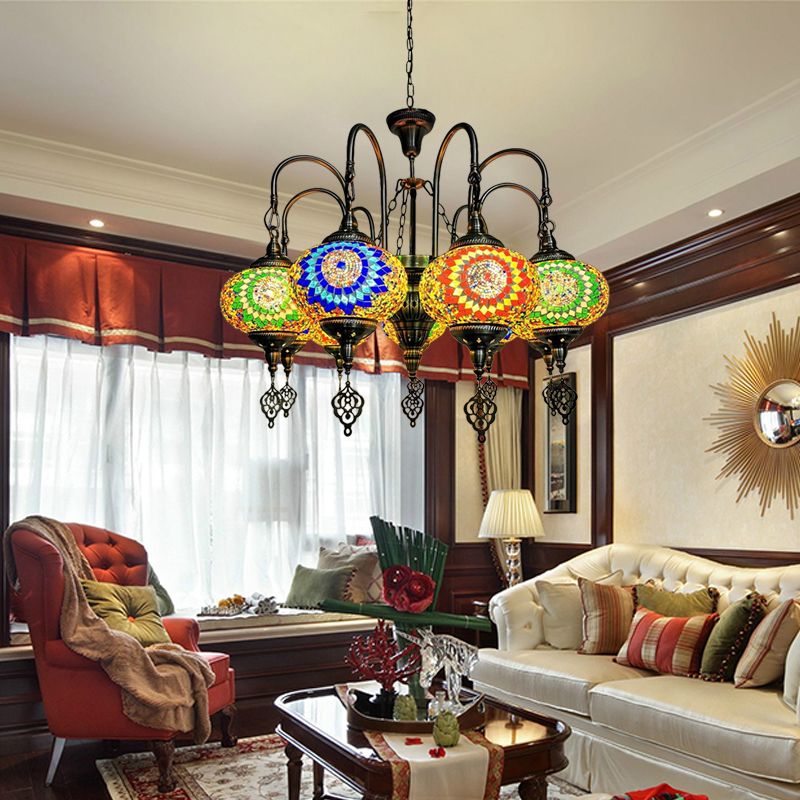 9 Heads Oval Ceiling Pendant Light Vintage Yellow/Green Hand Cut Glass Chandelier Lighting