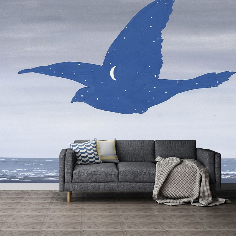Surrealistic Sea Gull Wallpaper Murals Grey-Blue Moisture Resistant Wall Covering for Bedroom