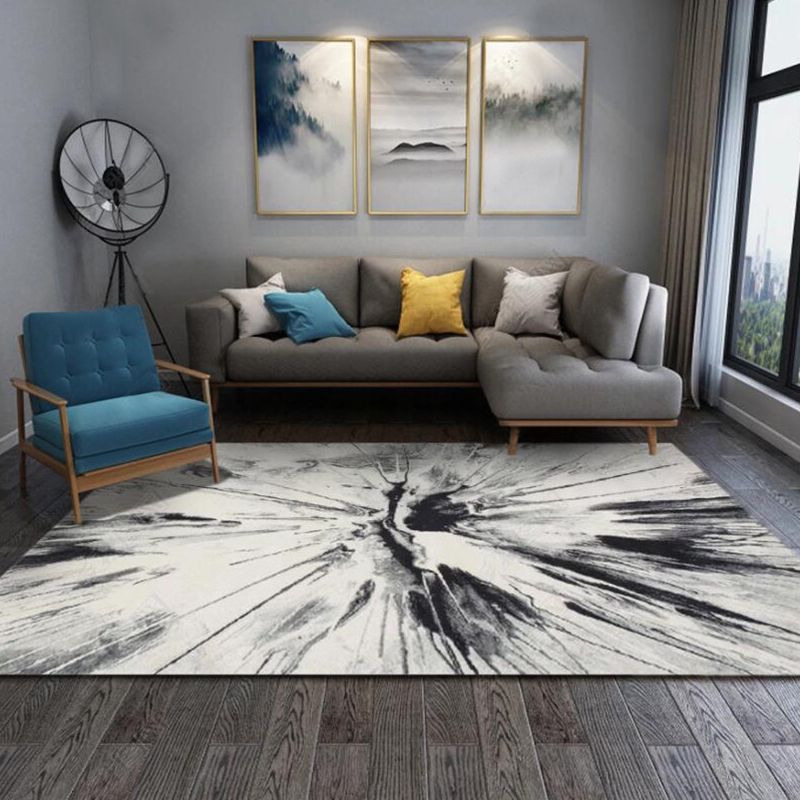 Modern Living Room Rug in White Abstract Ink Painting Print Rug Polyester Washable Non-Slip Backing Area Rug