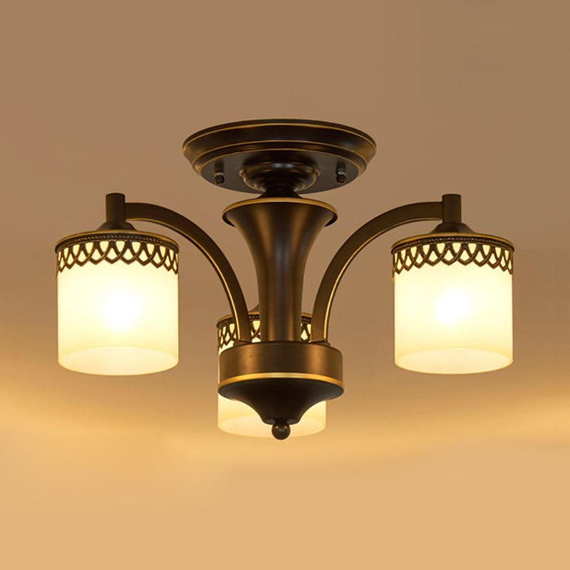 Traditional Cylinder Semi Flush Lighting 3/6/8 Bulbs Frosted Glass Flush Mount Ceiling Lamp in Black