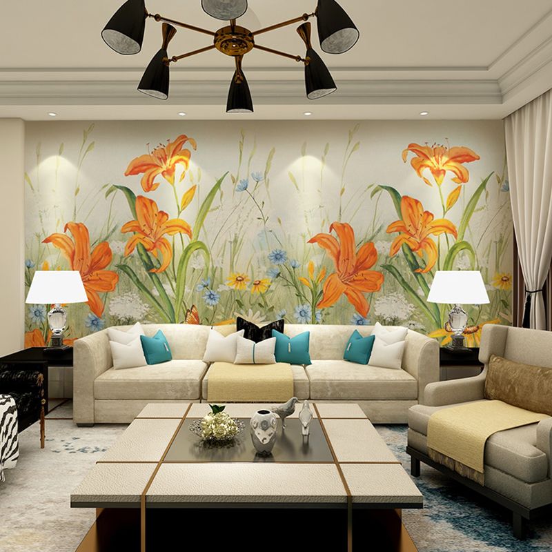Giant Illustration Fresh Mural Wallpaper for Gallery with Floral Design in Orange and Blue
