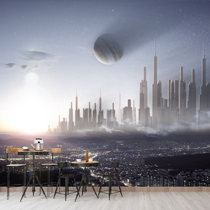 Grey-Blue Future Metropolis Mural Decal Stain-Proof Science Fiction Bedroom Wall Art