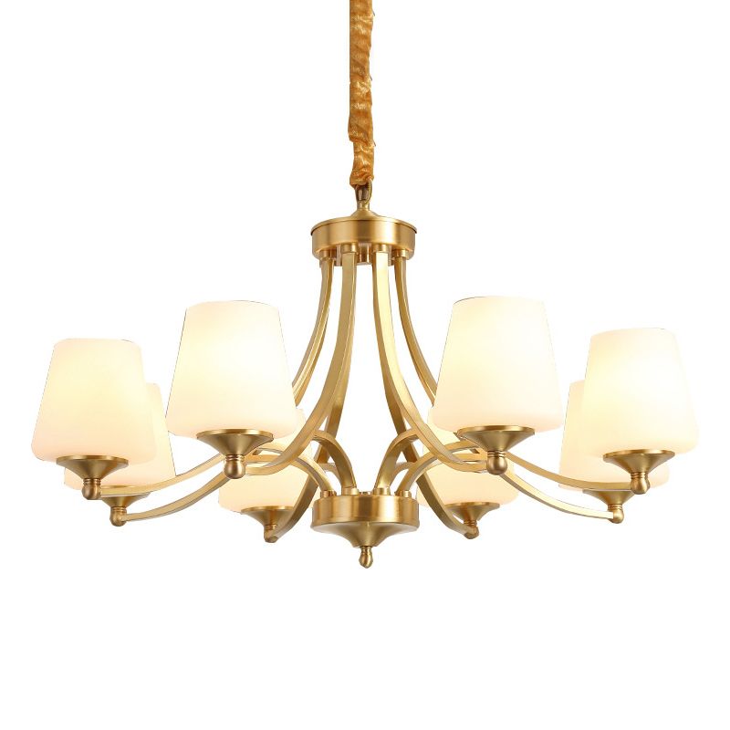 Post-Modern Curvy Arm Hanging Chandelier Light White Glass Shade Ceiling Chandelier in Gold for Living Room