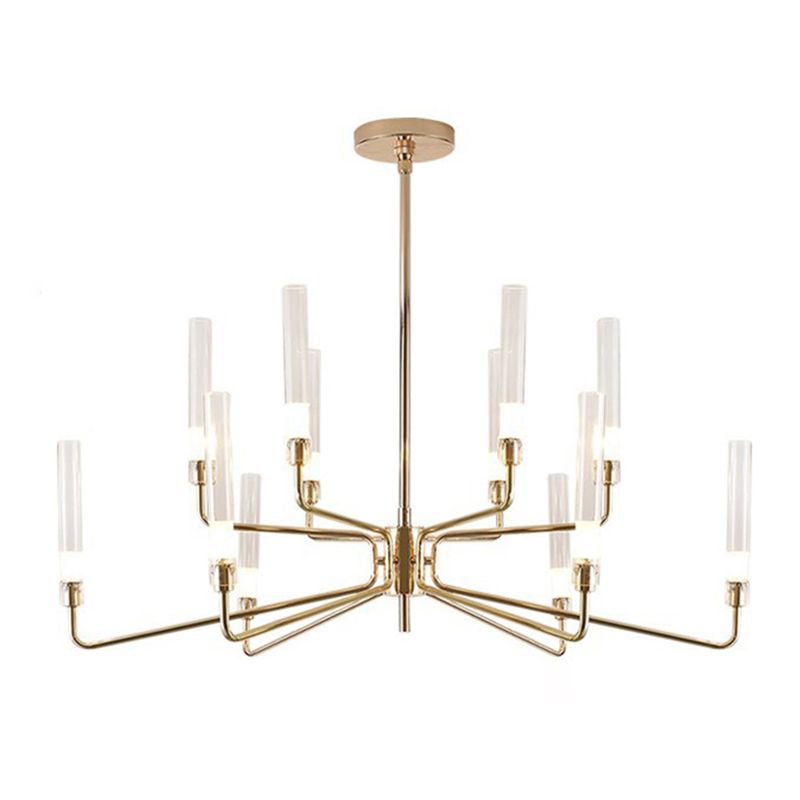 Gold Metal Pendant Light Mid-Century Cylindrical Clear Glass Shade Chandelier Lighting for Living Room