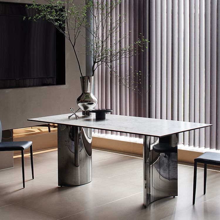 Mesa rectangular de lujo tradicional de metal, mesa de piedra sinterizada blanca para cocina y comedor
