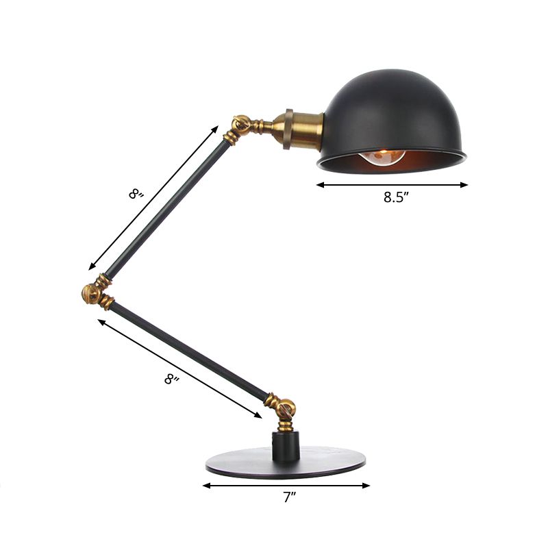 Black/Brass Domed Table Lighting Industrial Style 4"/8.5" Wide 1 Bulb Metallic Table Lamp with Adjustable Arm for Office