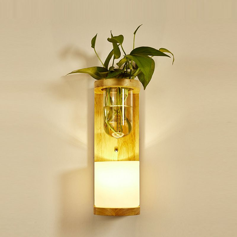 Modern Wooden Wall Sconce Simple Wall Light with Glass Shade without Plants