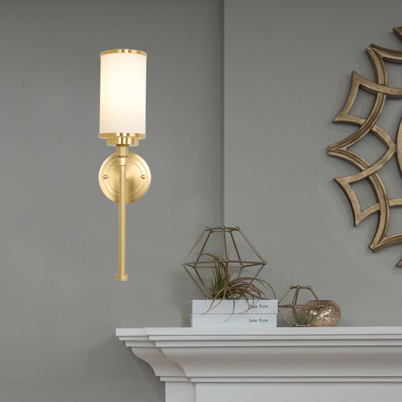 Brass Finish 1/2-Bulb Wall Lamp Modernism Style Frosted Glass Cylinder Wall Mount Light with Pencil Arm
