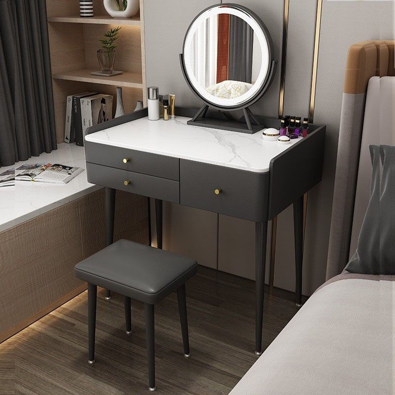 Luxurious Stone Top Vanity Genuine Leather Vanity Set with Stool