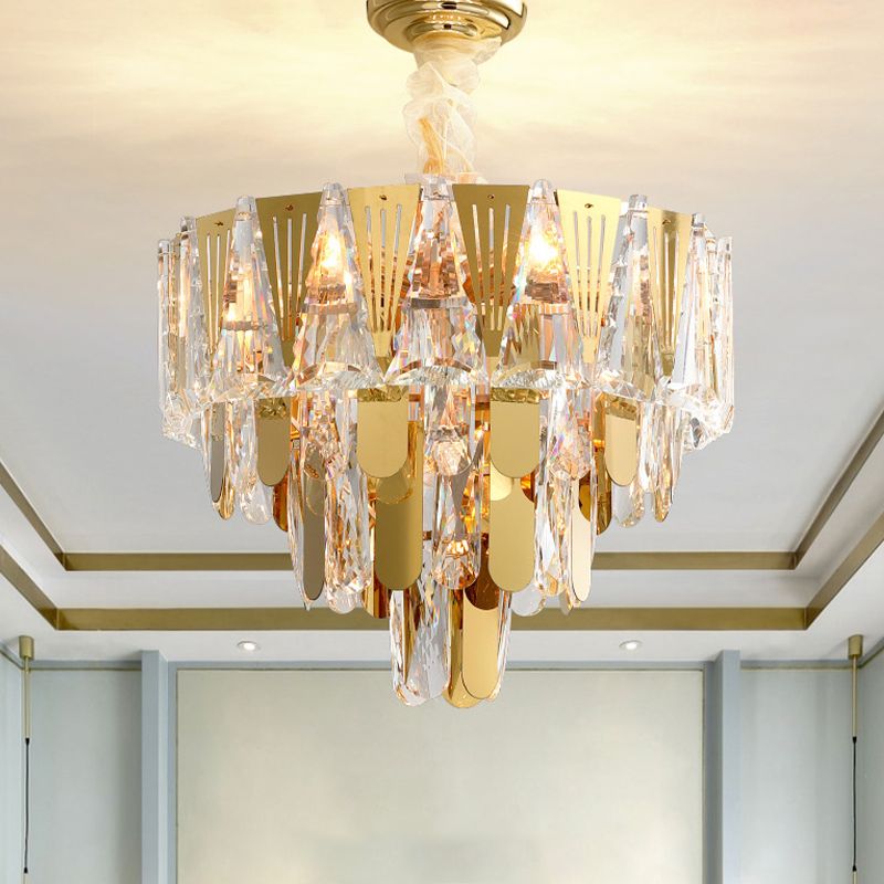 Triangle Chandelier Modernism Metallic 7-Light Gold Hanging Ceiling Light with Crystal Icicle