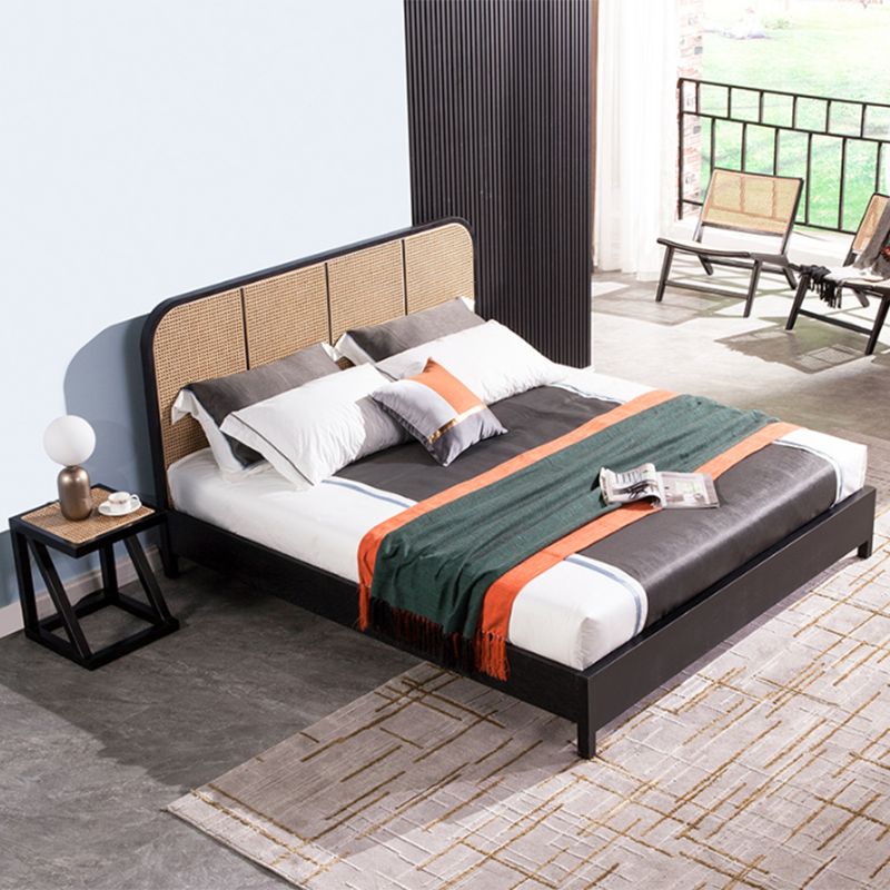 Tropical Style Ash Bed Frame Espresso Rattan Headboard Panel Bed with Mattress