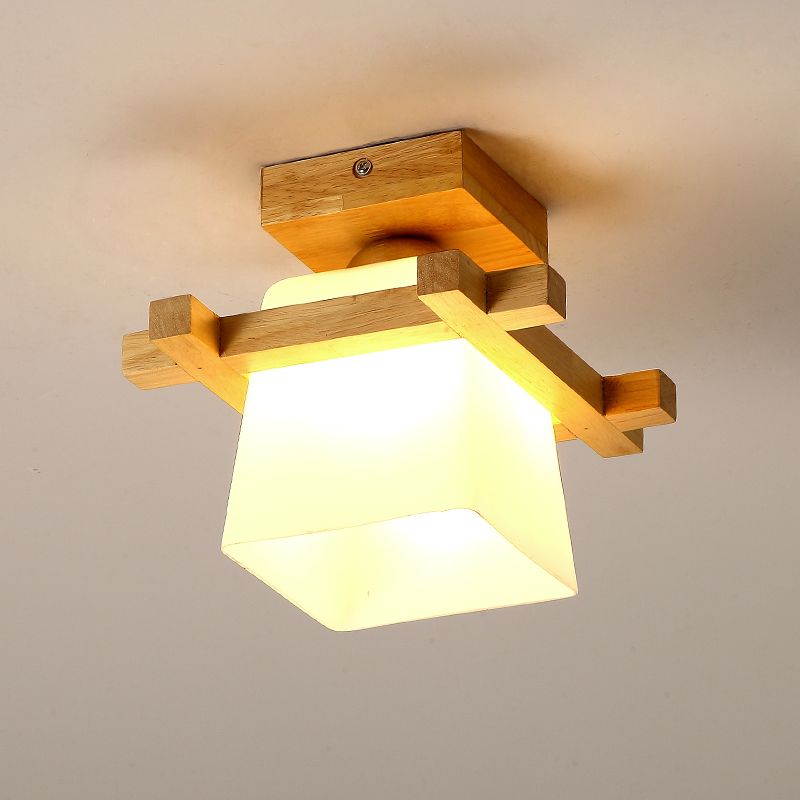 1-Light Balcony Flushmount Ceiling Lamp Simple Wood Semi Flush Light with Trapezoid Hand-Blown Milk Glass Shade