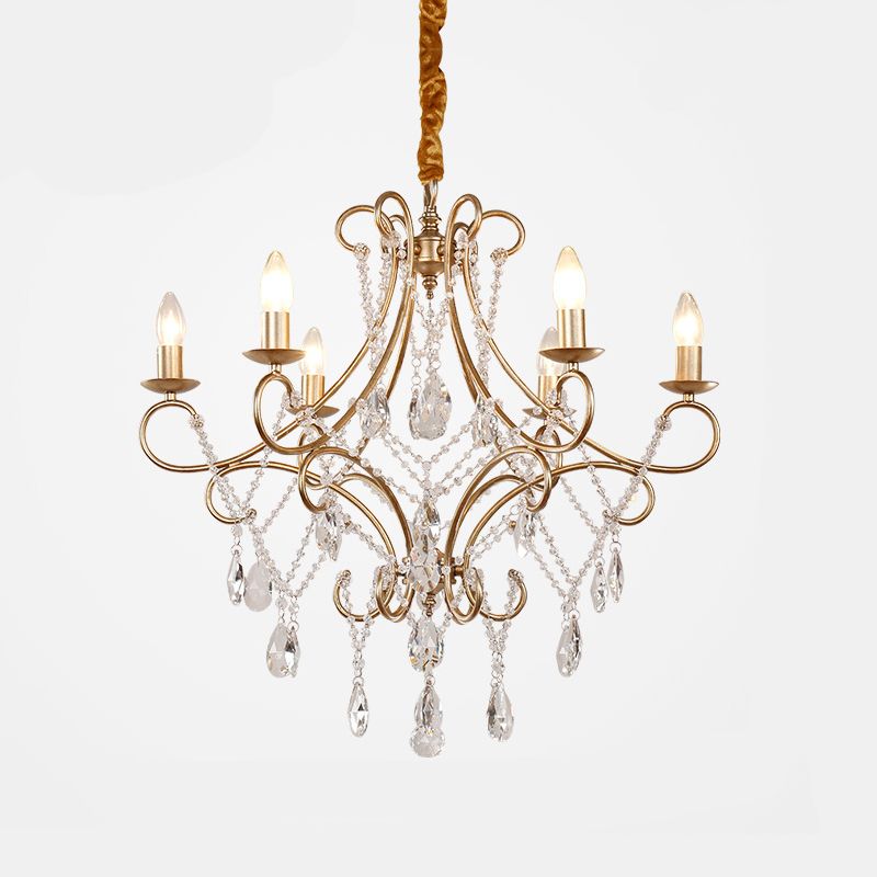 Crystal Stands Gold Suspension Lighting Raindrop 6 Heads Traditional Chandelier Light Fixture