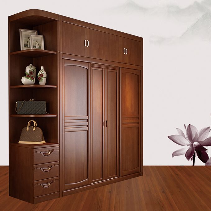 Rubber Wood Frame Wardrobe Freestanding Wardrobe Armoire with Shelves and Clothes Rail