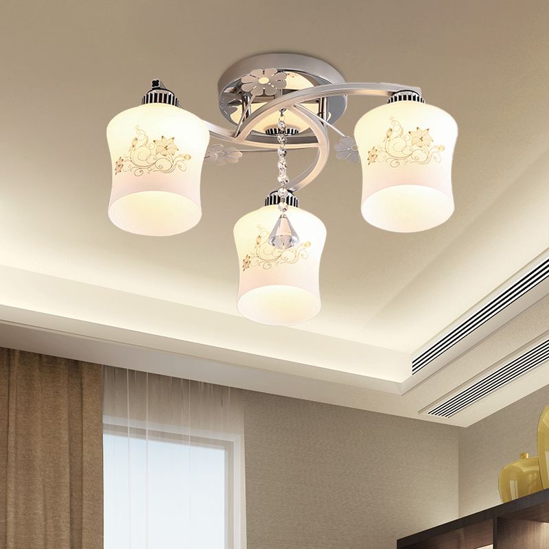 Patterned White Glass Cylinder Semi Flush Light Modernism 3-Head Spiral Close to Ceiling Lamp in Chrome