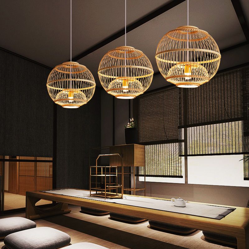 Sphere Shaded Suspension Lighting Minimalist Bamboo 1 Head Wood Pendant Ceiling Light